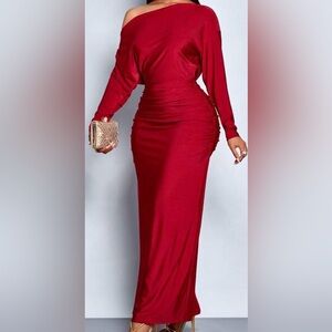 Elegant Long Red Ruched Bodycon Dress